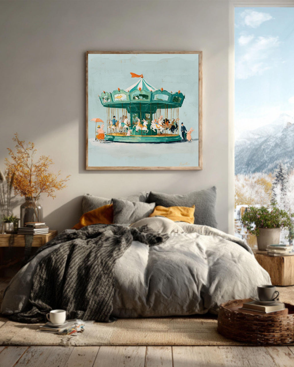 Rabbit Carousel Oil Painting: Whimsical Vintage Nursery Canvas