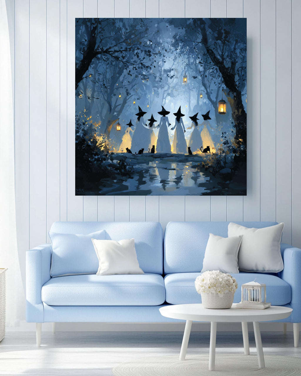 Witches in Forest Canvas Art: Gothic Halloween Black Cat Painting