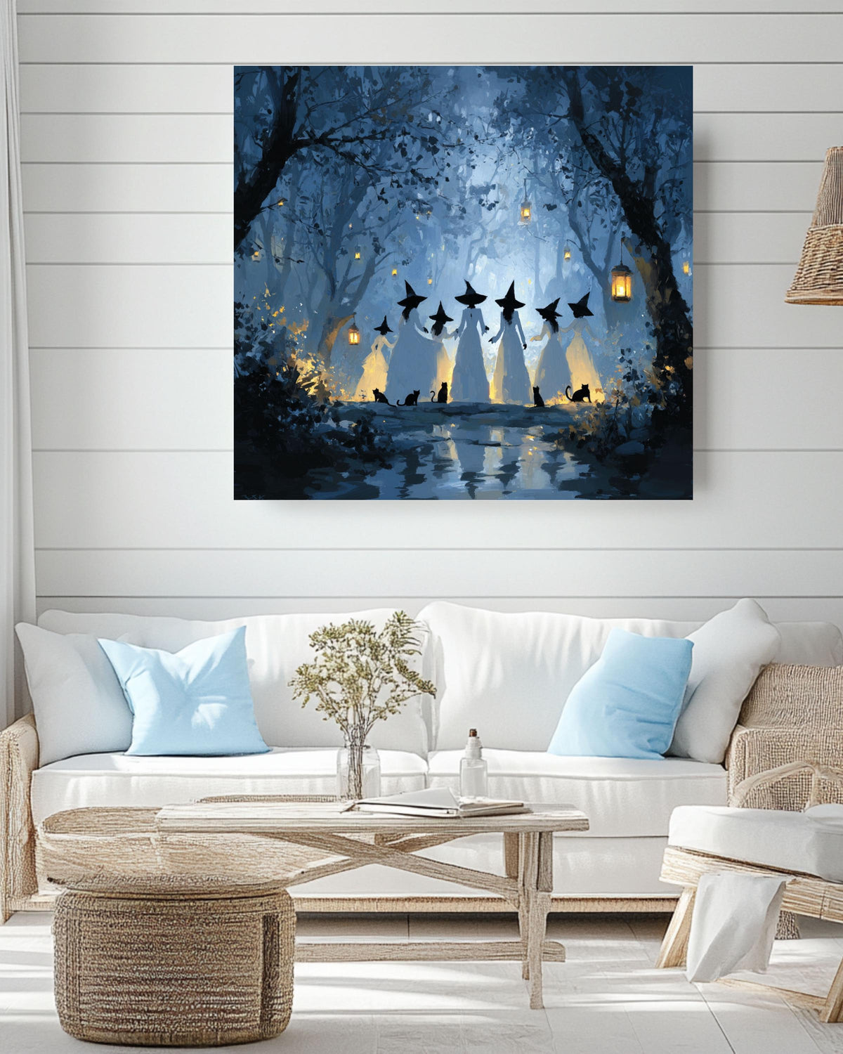 Witches in Forest Canvas Art: Gothic Halloween Black Cat Painting