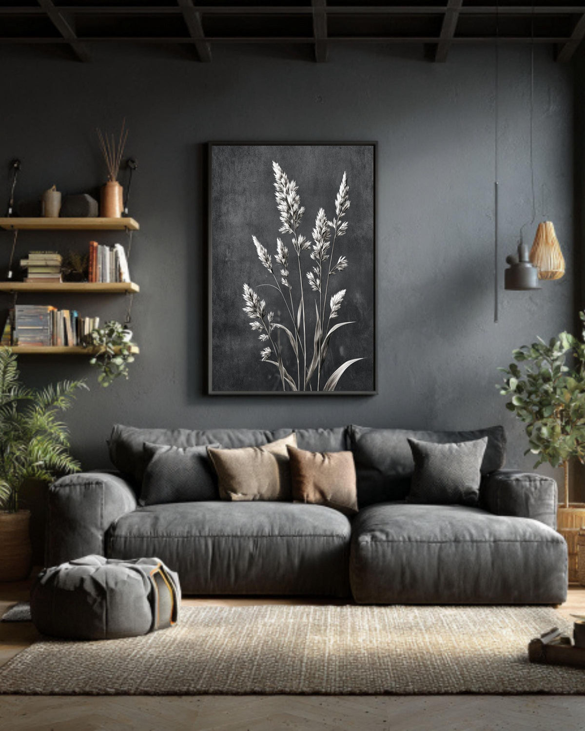 Black and White Tall Grass Canvas Print: Minimalist Floral Wall Art