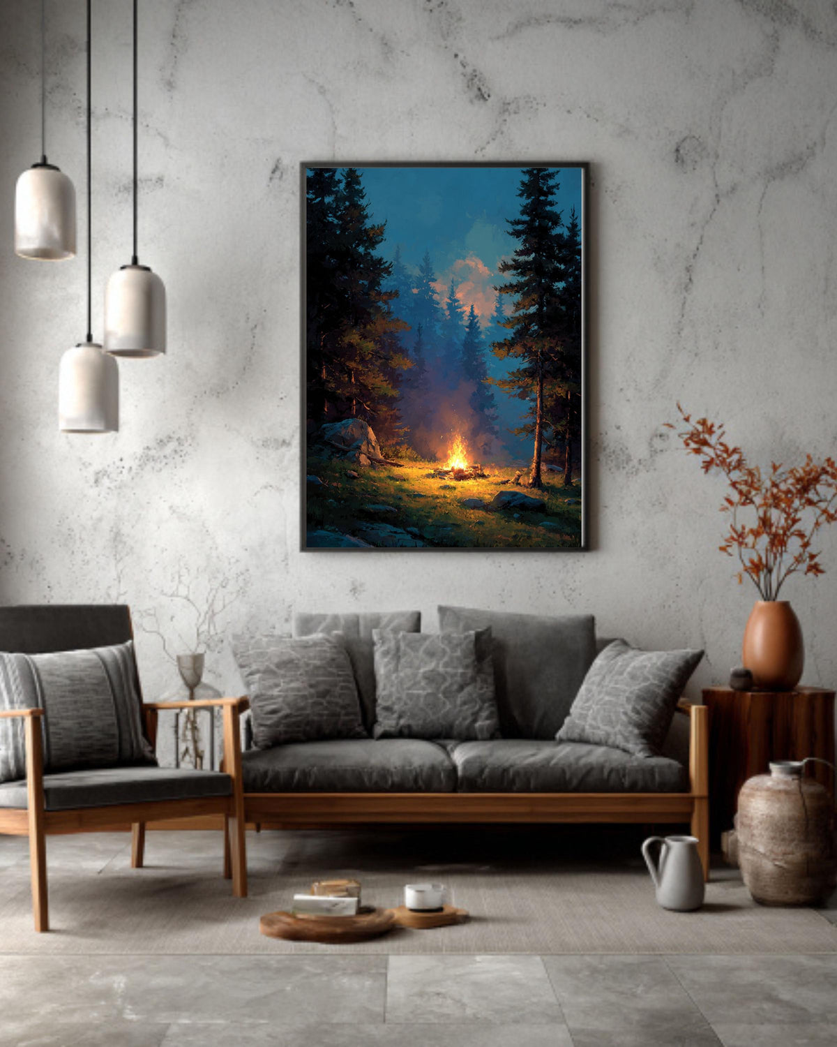 Campfire Canvas Print: Cozy Forest, Cabin Wall Art