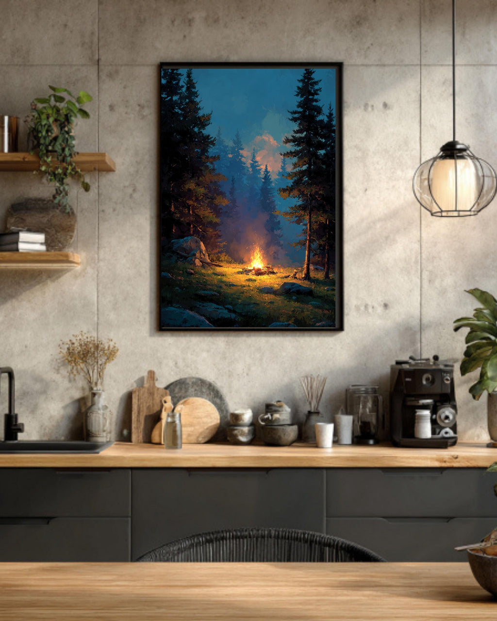 Campfire Canvas Print: Cozy Forest, Cabin Wall Art