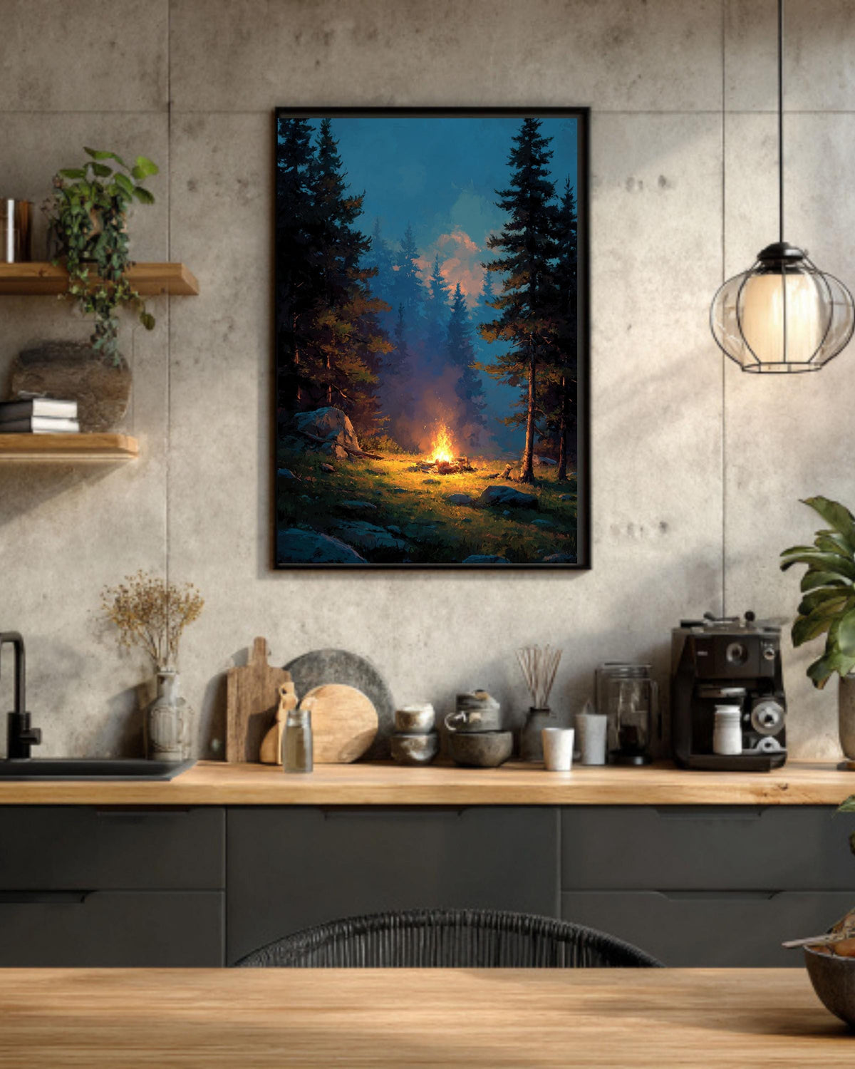 Campfire Canvas Print: Cozy Forest, Cabin Wall Art