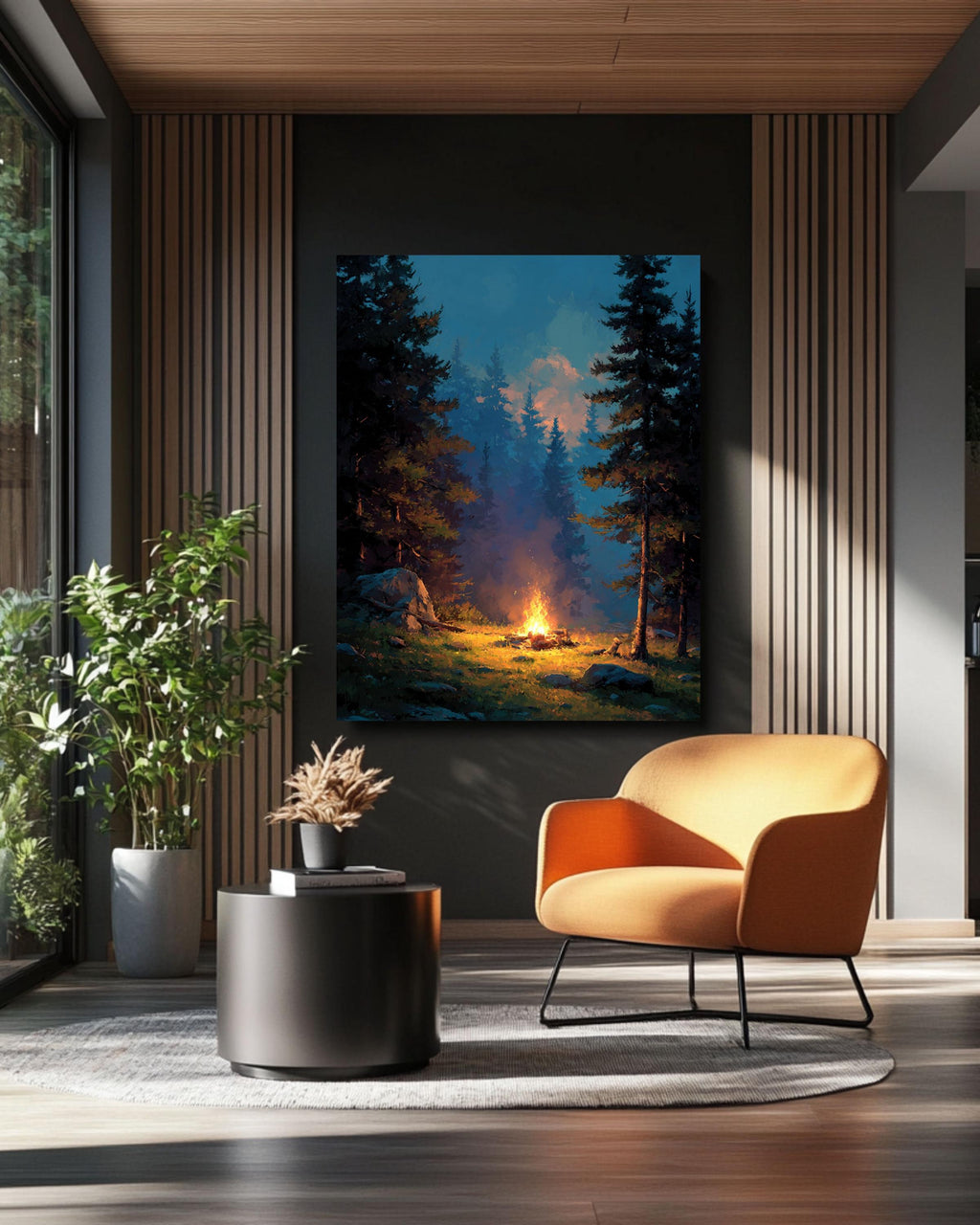 Campfire Canvas Print: Cozy Forest, Cabin Wall Art