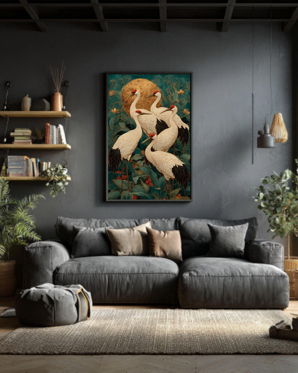 Japanese Crane Canvas Art: Teal Gold Ukiyo-e Print