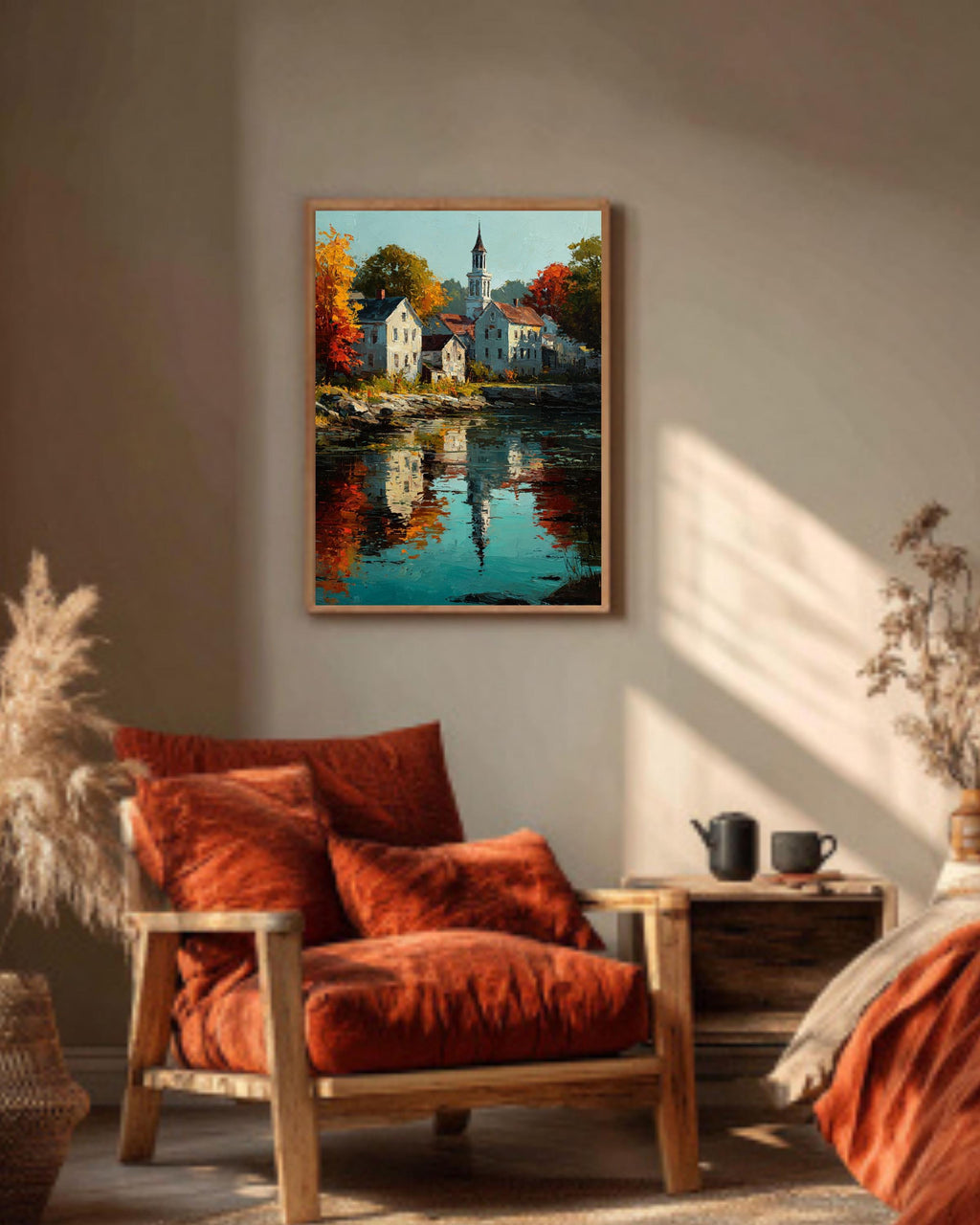 Autumn New England Town Canvas Art: Impressionist Fall Landscape Print