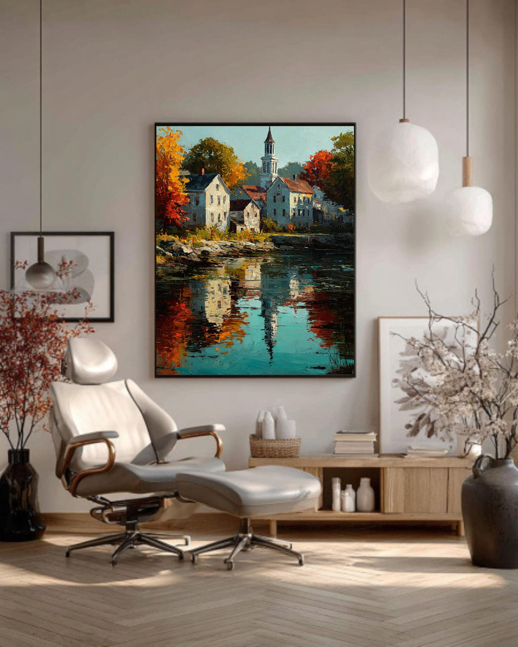 Autumn New England Town Canvas Art: Impressionist Fall Landscape Print