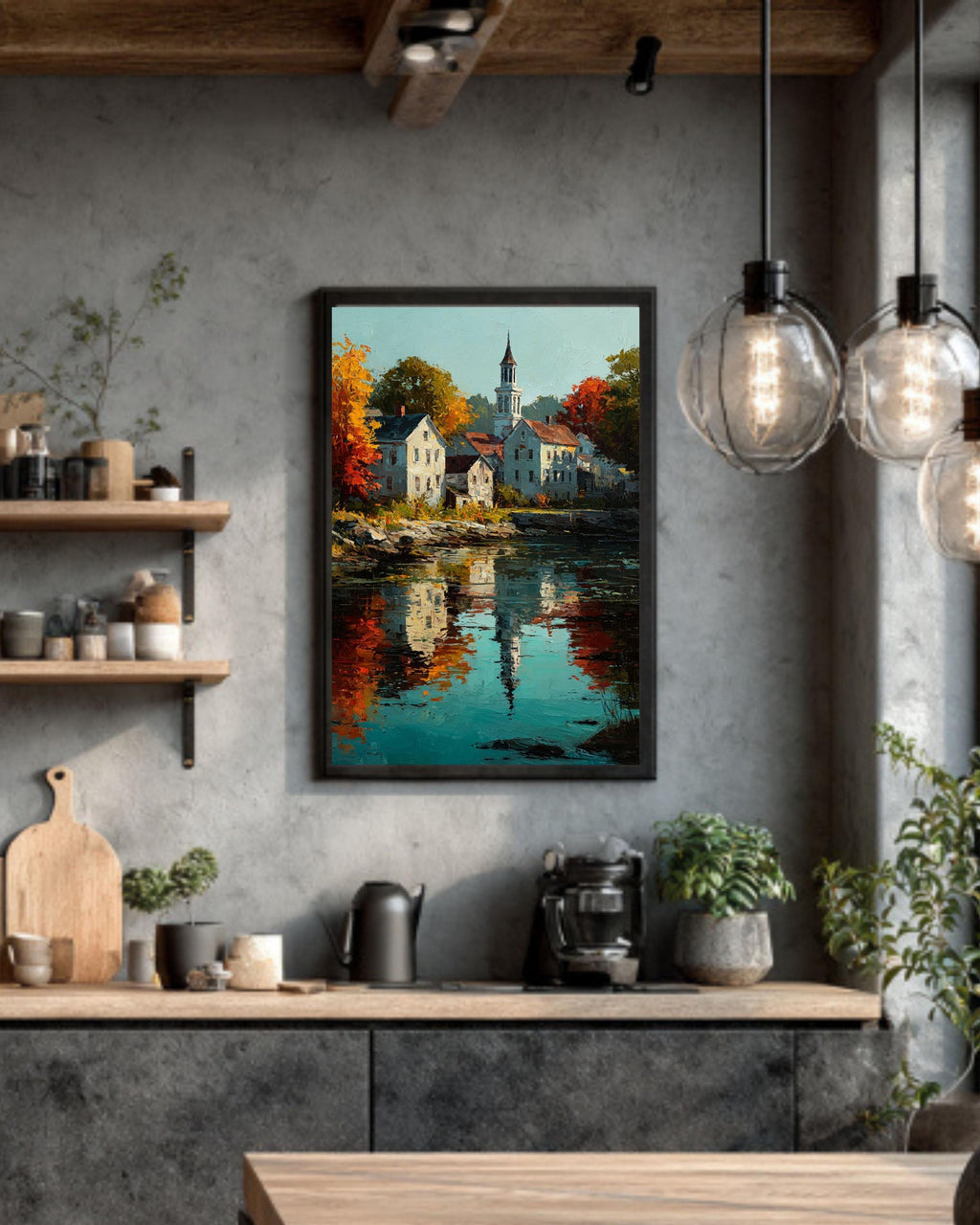 Autumn New England Town Canvas Art: Impressionist Fall Landscape Print