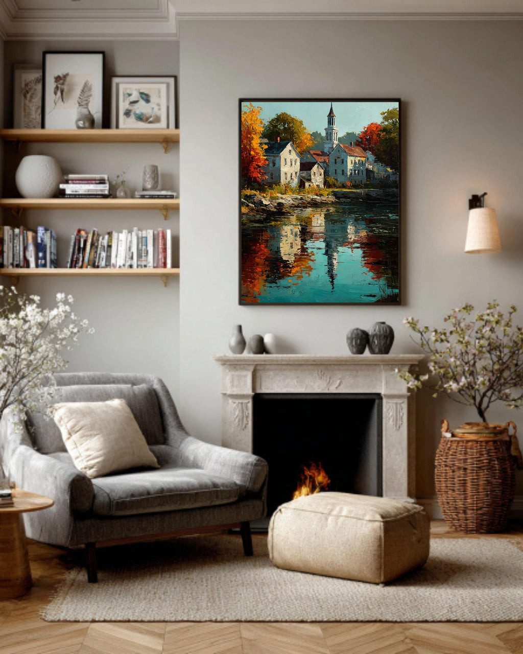 Autumn New England Town Canvas Art: Impressionist Fall Landscape Print