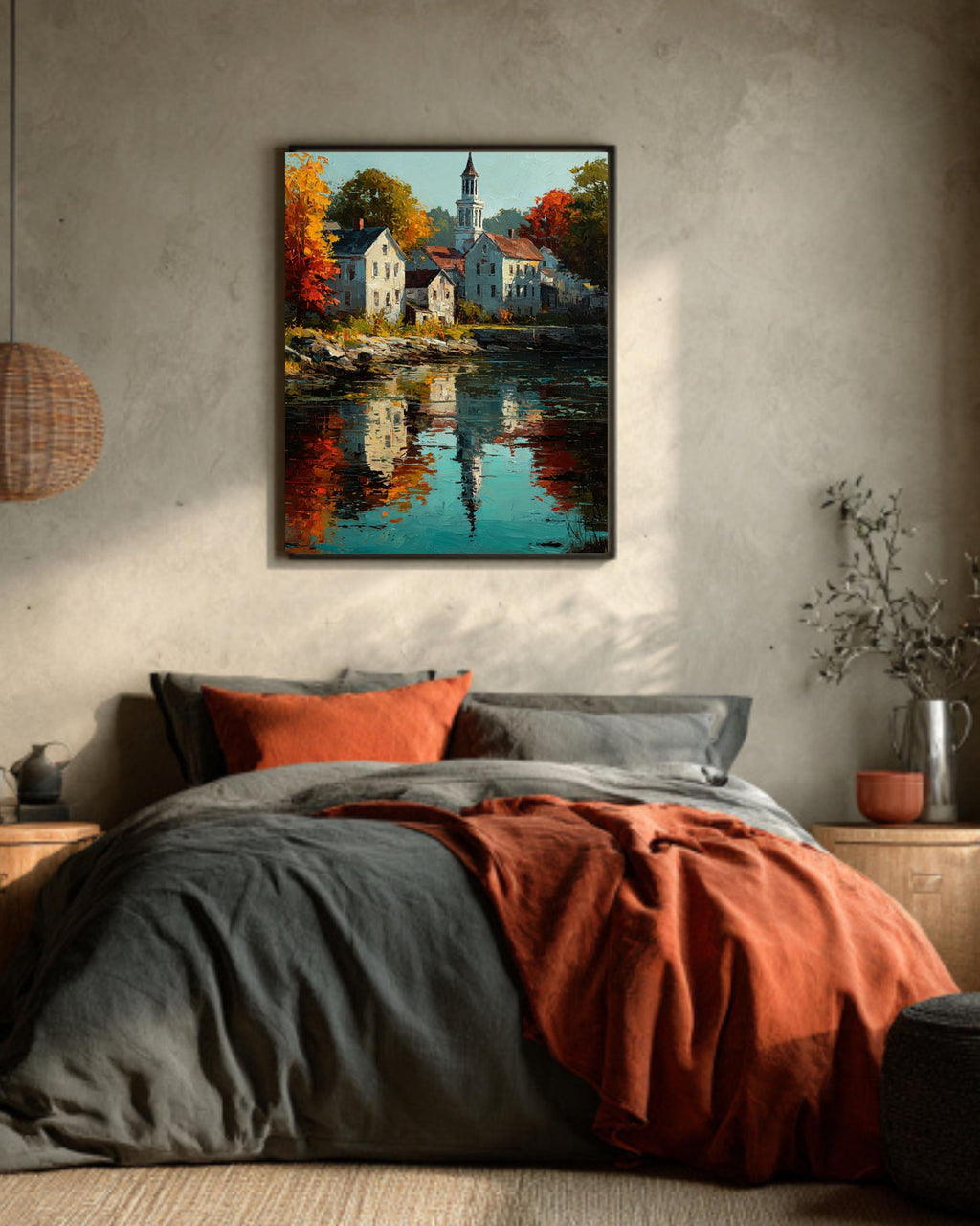 Autumn New England Town Canvas Art: Impressionist Fall Landscape Print