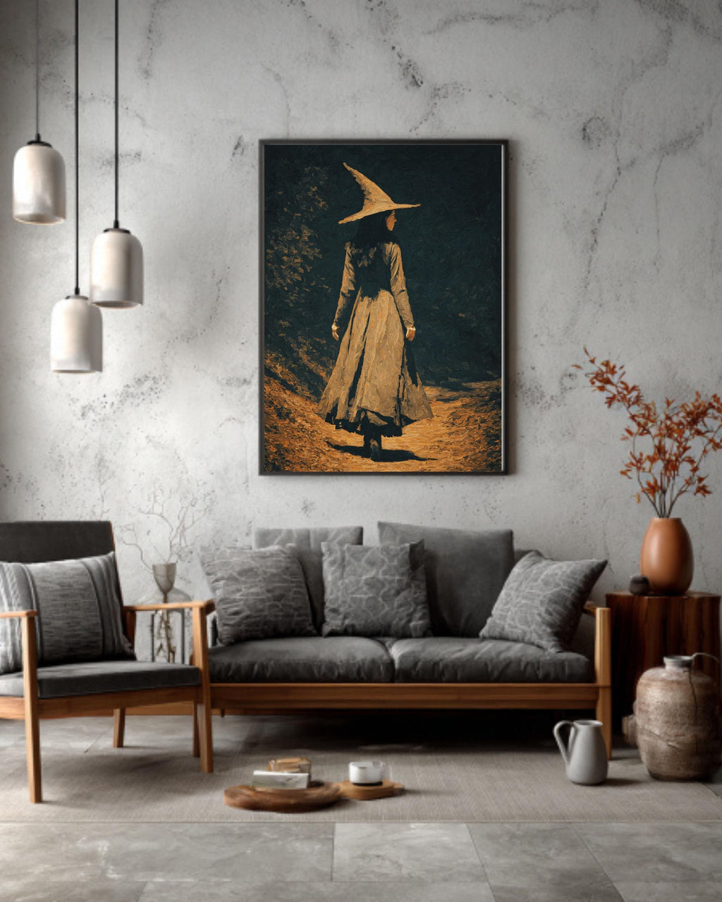 Moody Witch Canvas Art: Dark Academia Forest Painting