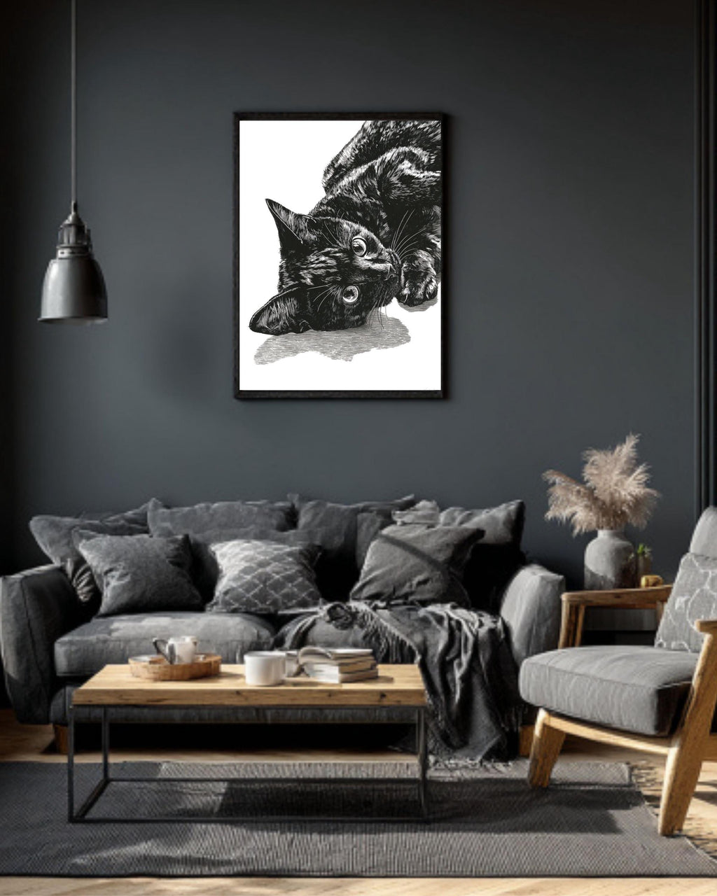 Black Cat Portrait Canvas Art: Minimalist Linocut Style Print