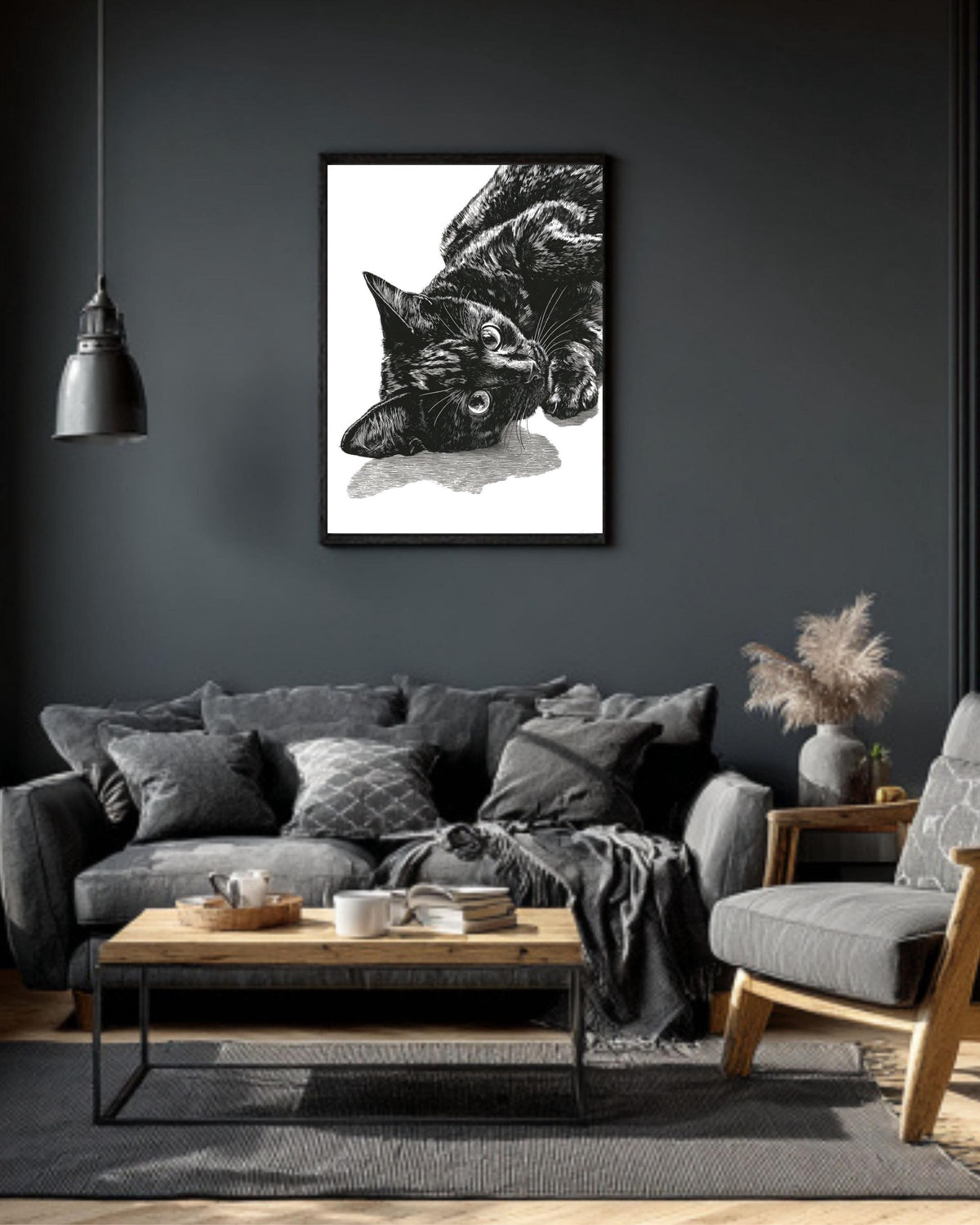 Black Cat Portrait Canvas Art: Minimalist Linocut Style Print