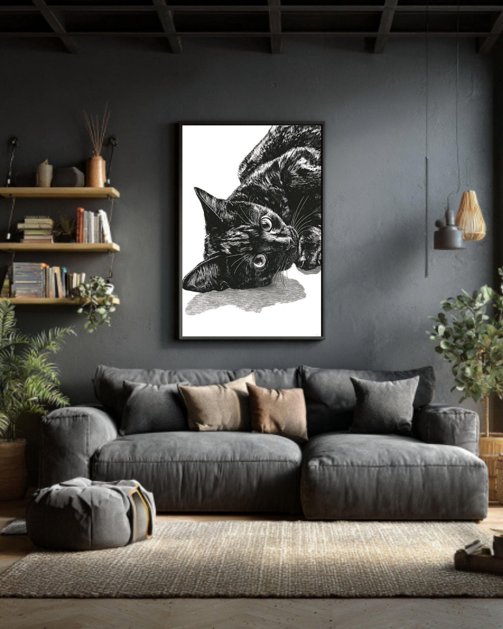 Black Cat Portrait Canvas Art: Minimalist Linocut Style Print