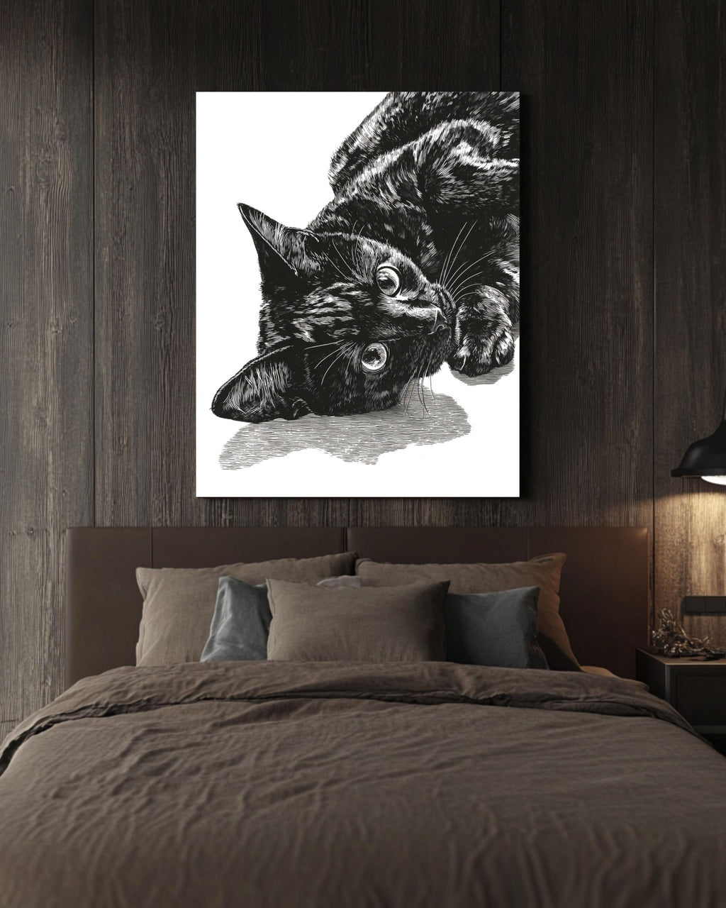 Black Cat Portrait Canvas Art: Minimalist Linocut Style Print