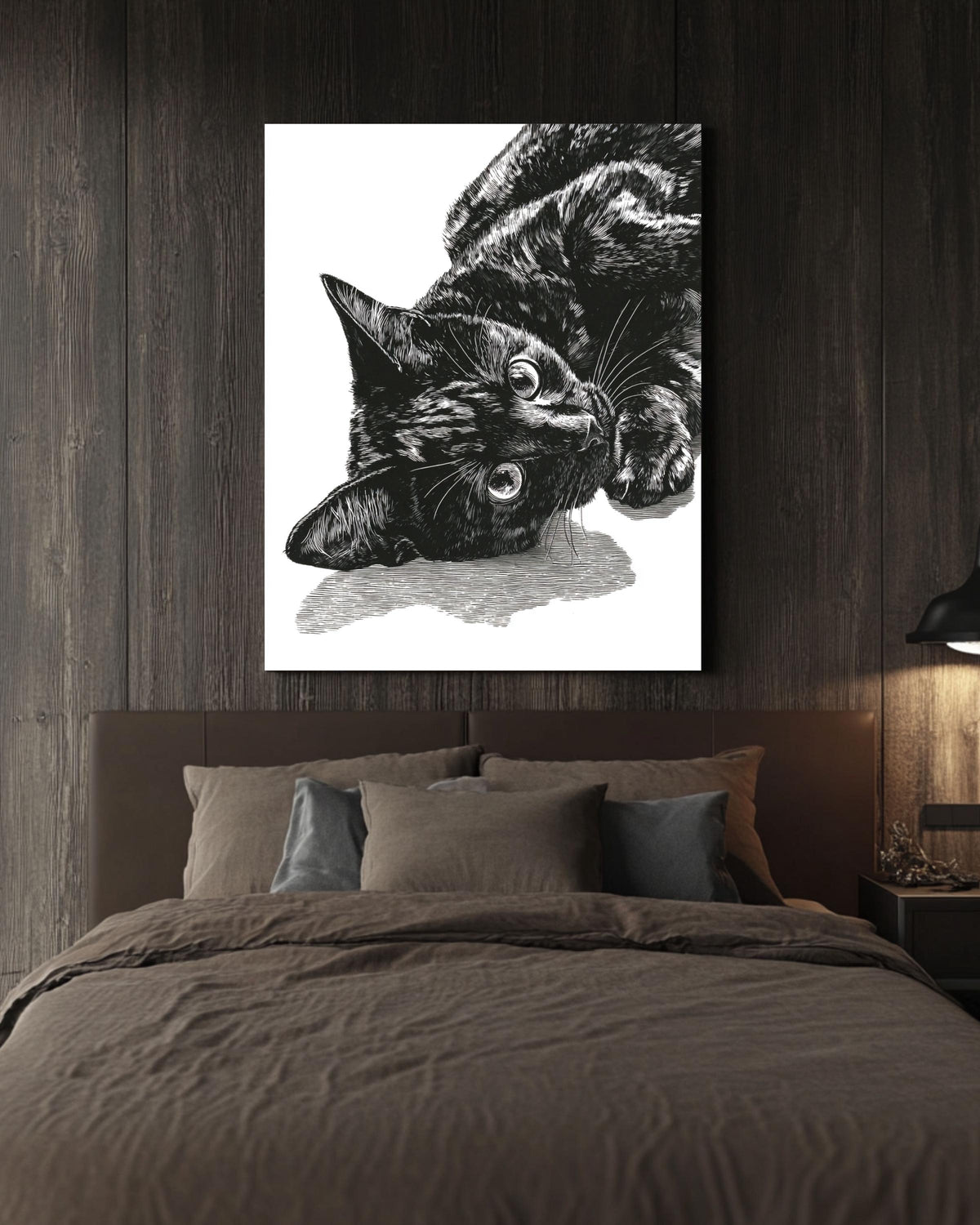 Black Cat Portrait Canvas Art: Minimalist Linocut Style Print