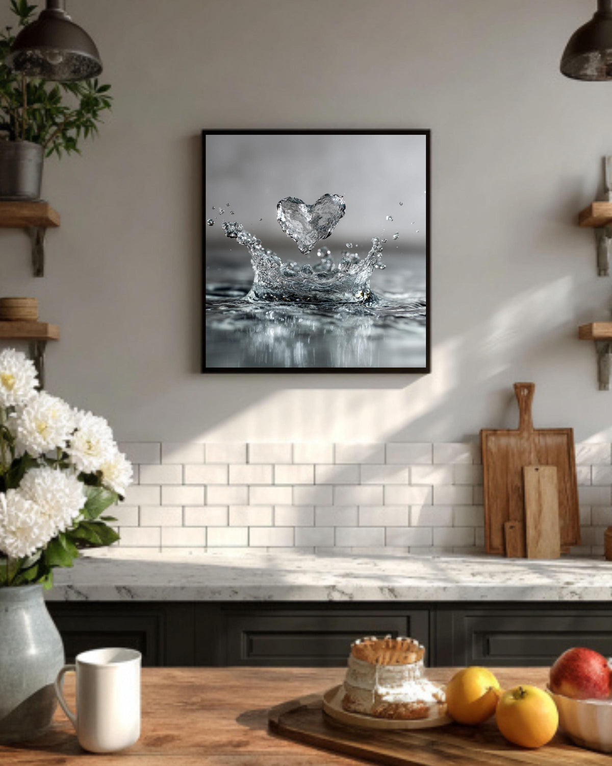Water Heart Splash Canvas Print, Minimalist Bathroom Wall Art