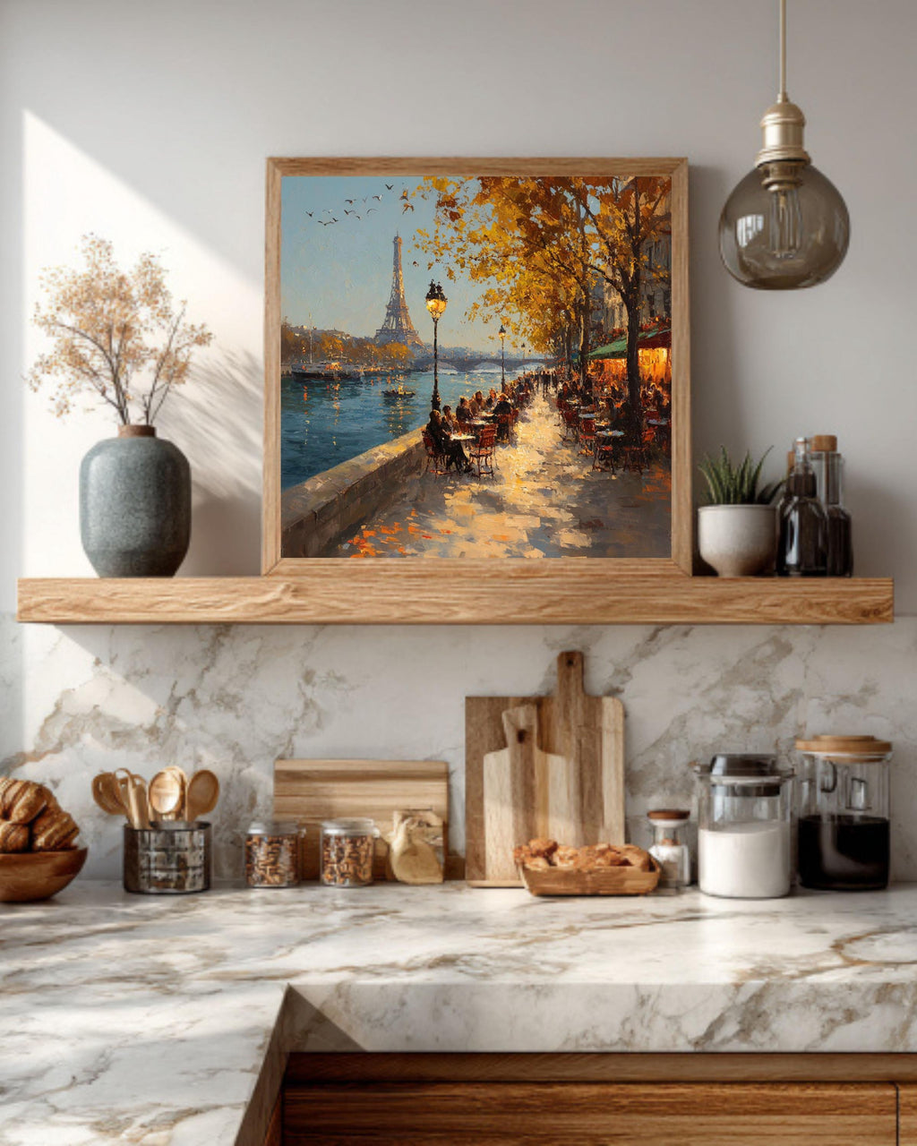 Paris Cafe Oil Painting, Autumn Seine River, Eiffel Tower Canvas Print