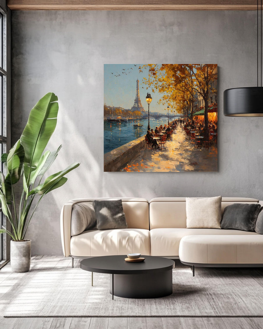 Paris Cafe Oil Painting, Autumn Seine River, Eiffel Tower Canvas Print