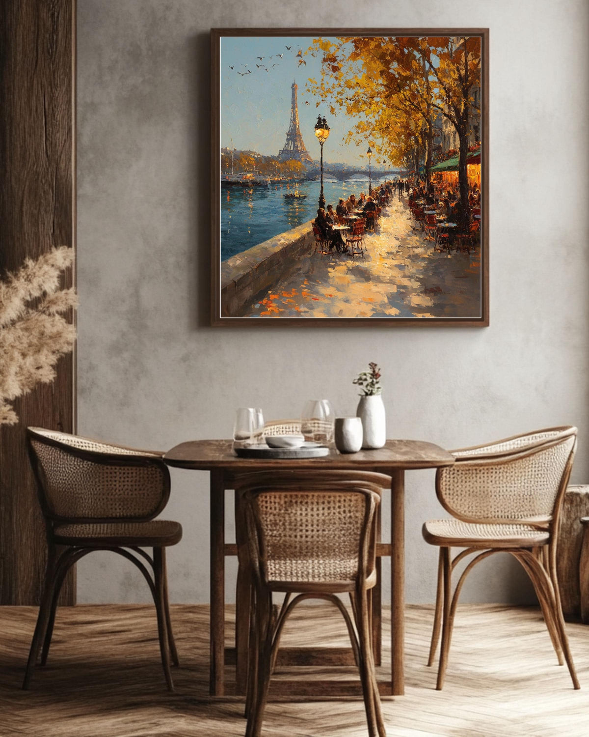 Paris Cafe Oil Painting, Autumn Seine River, Eiffel Tower Canvas Print