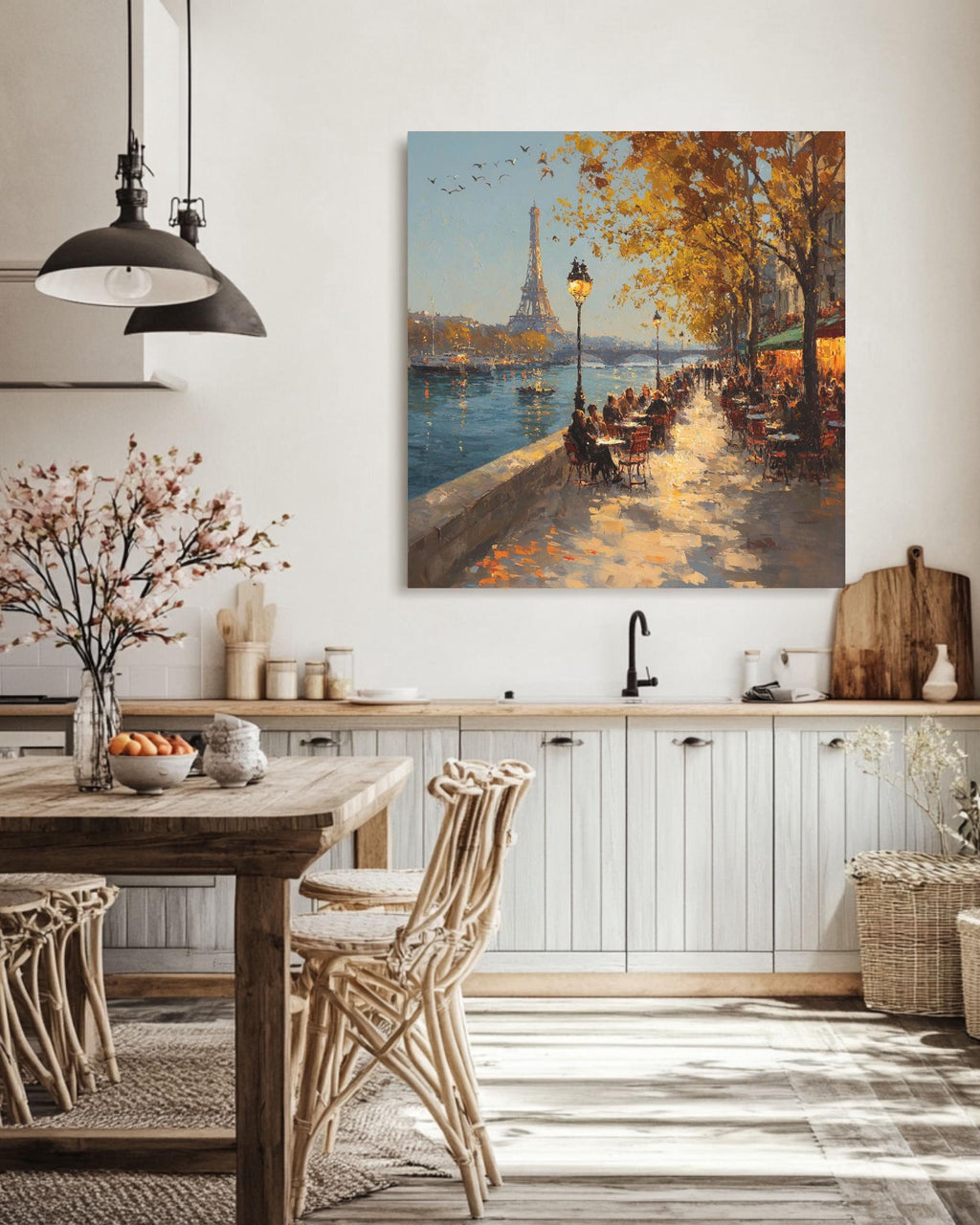 Paris Cafe Oil Painting, Autumn Seine River, Eiffel Tower Canvas Print