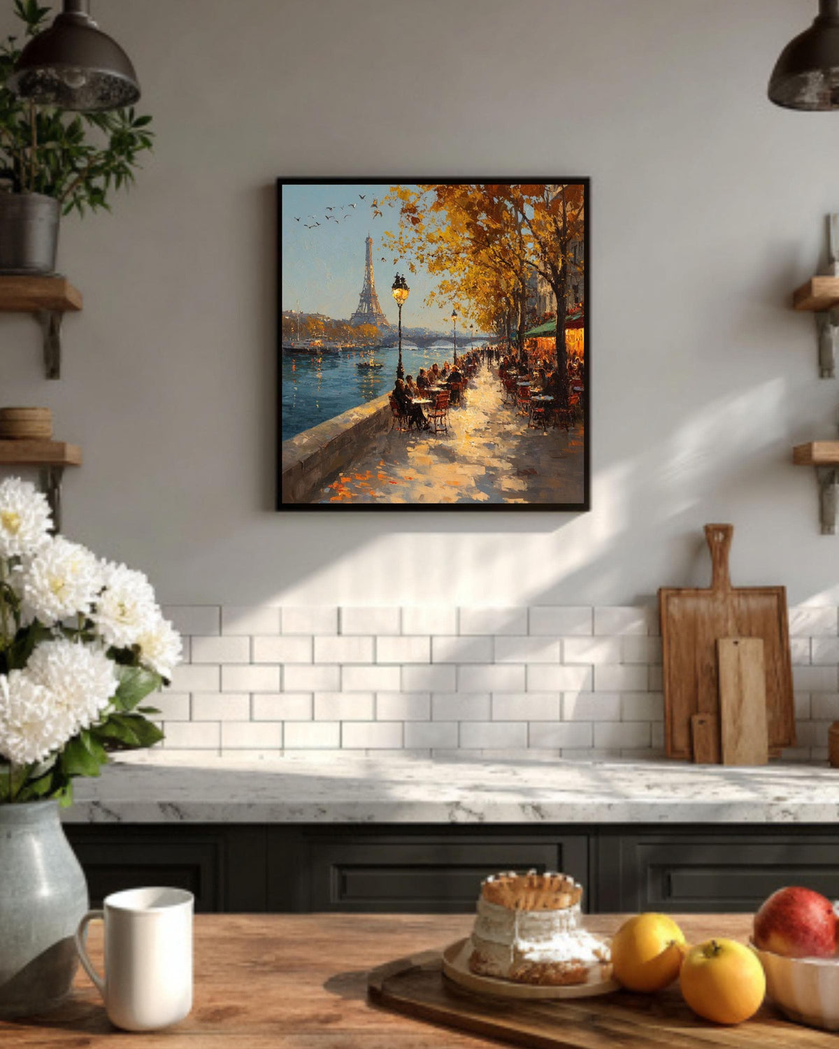 Paris Cafe Oil Painting, Autumn Seine River, Eiffel Tower Canvas Print