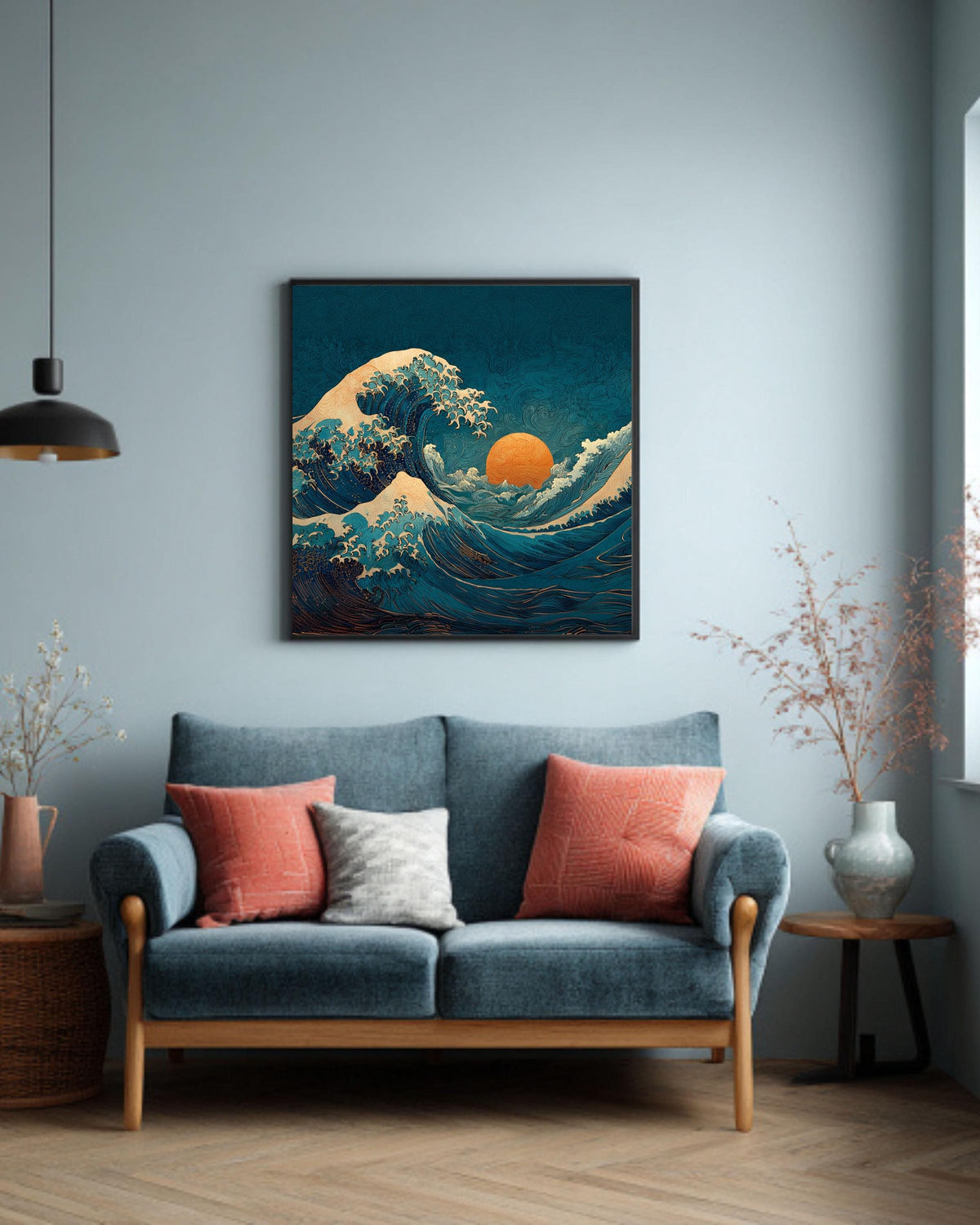 Wave Canvas Print, Art Nouveau Ocean Art, Teal and Orange
