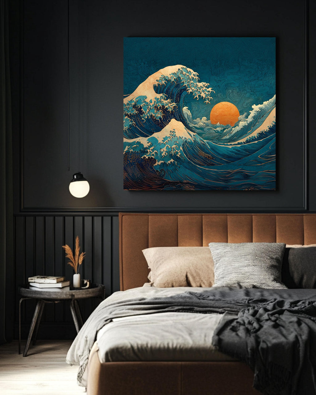 Wave Canvas Print, Art Nouveau Ocean Art, Teal and Orange