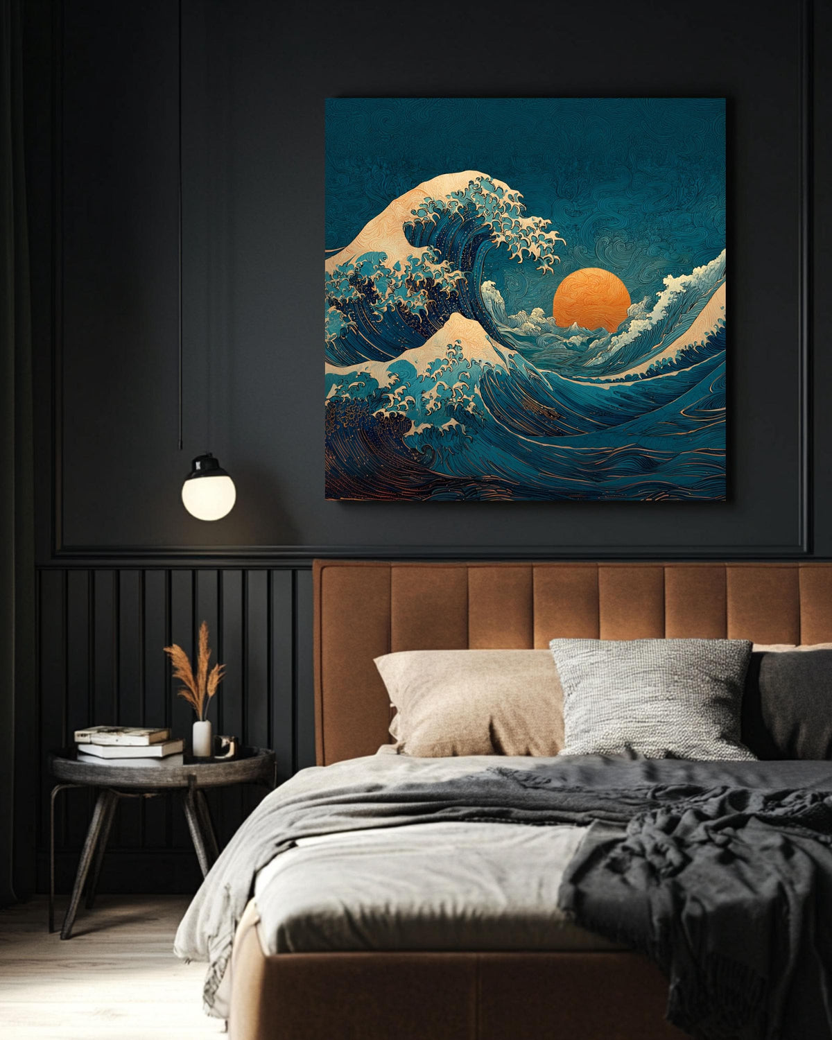 Wave Canvas Print, Art Nouveau Ocean Art, Teal and Orange