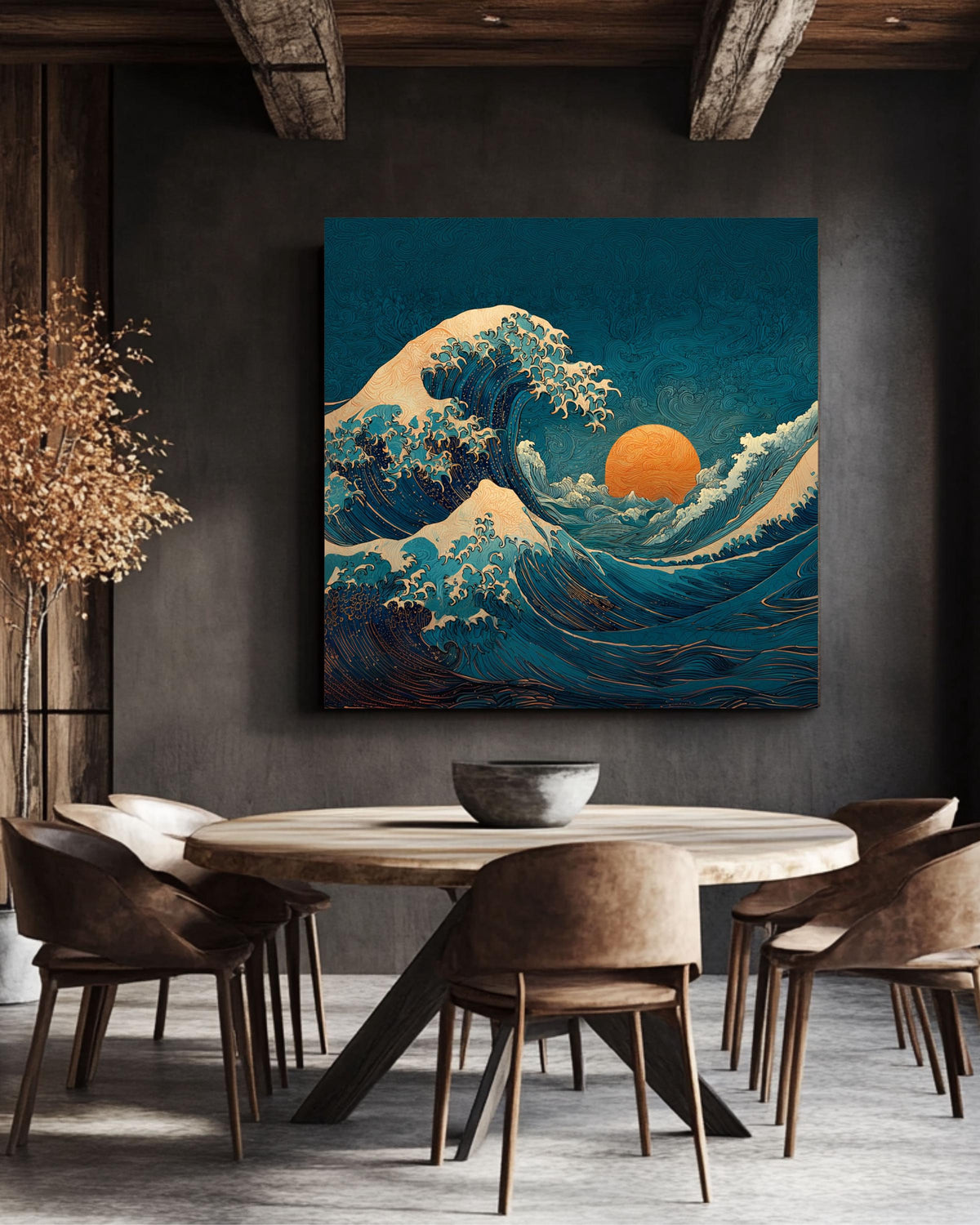 Wave Canvas Print, Art Nouveau Ocean Art, Teal and Orange