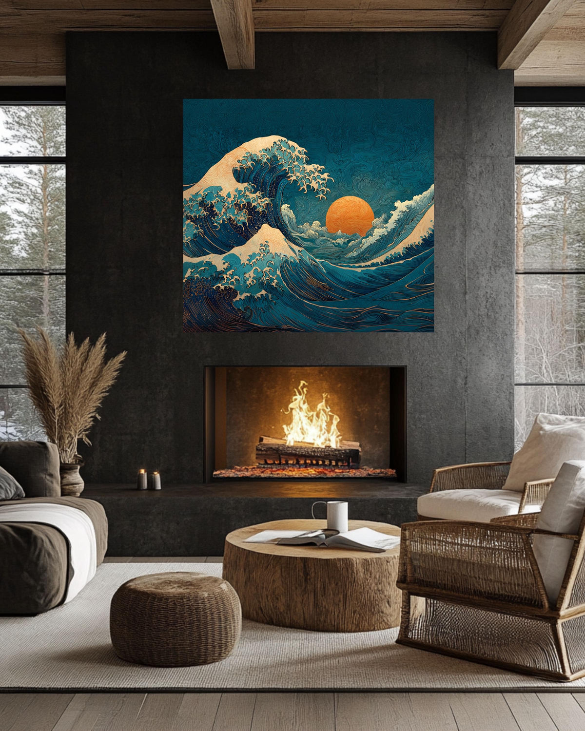 Wave Canvas Print, Art Nouveau Ocean Art, Teal and Orange