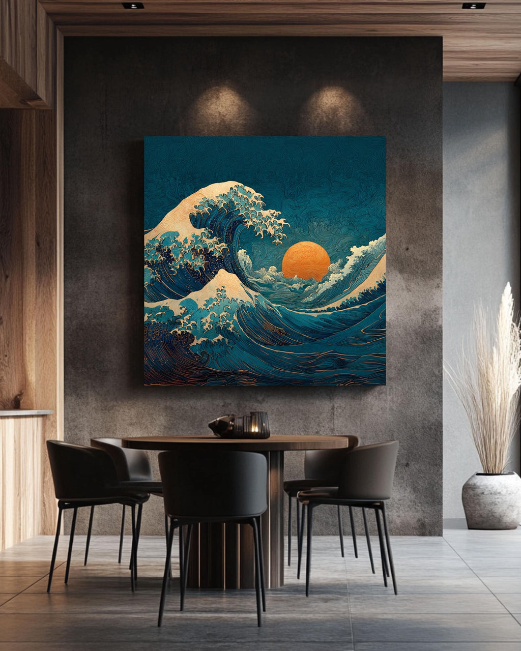 Wave Canvas Print, Art Nouveau Ocean Art, Teal and Orange