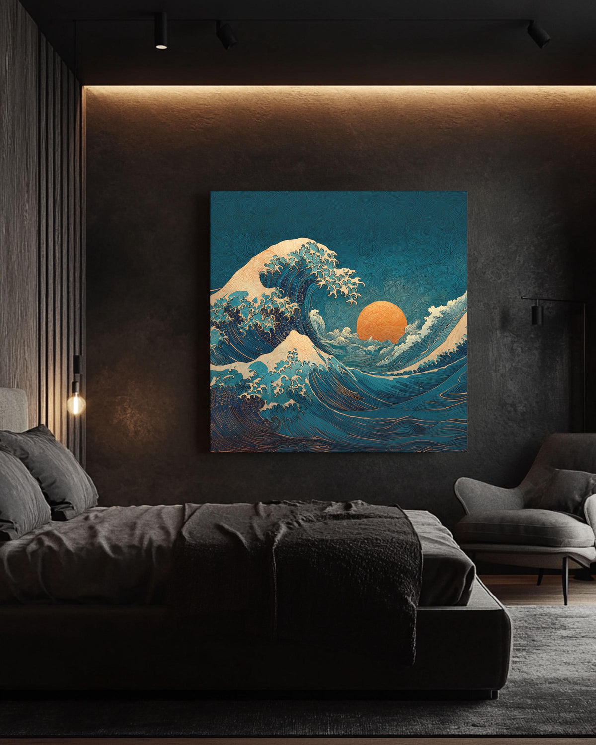 Wave Canvas Print, Art Nouveau Ocean Art, Teal and Orange