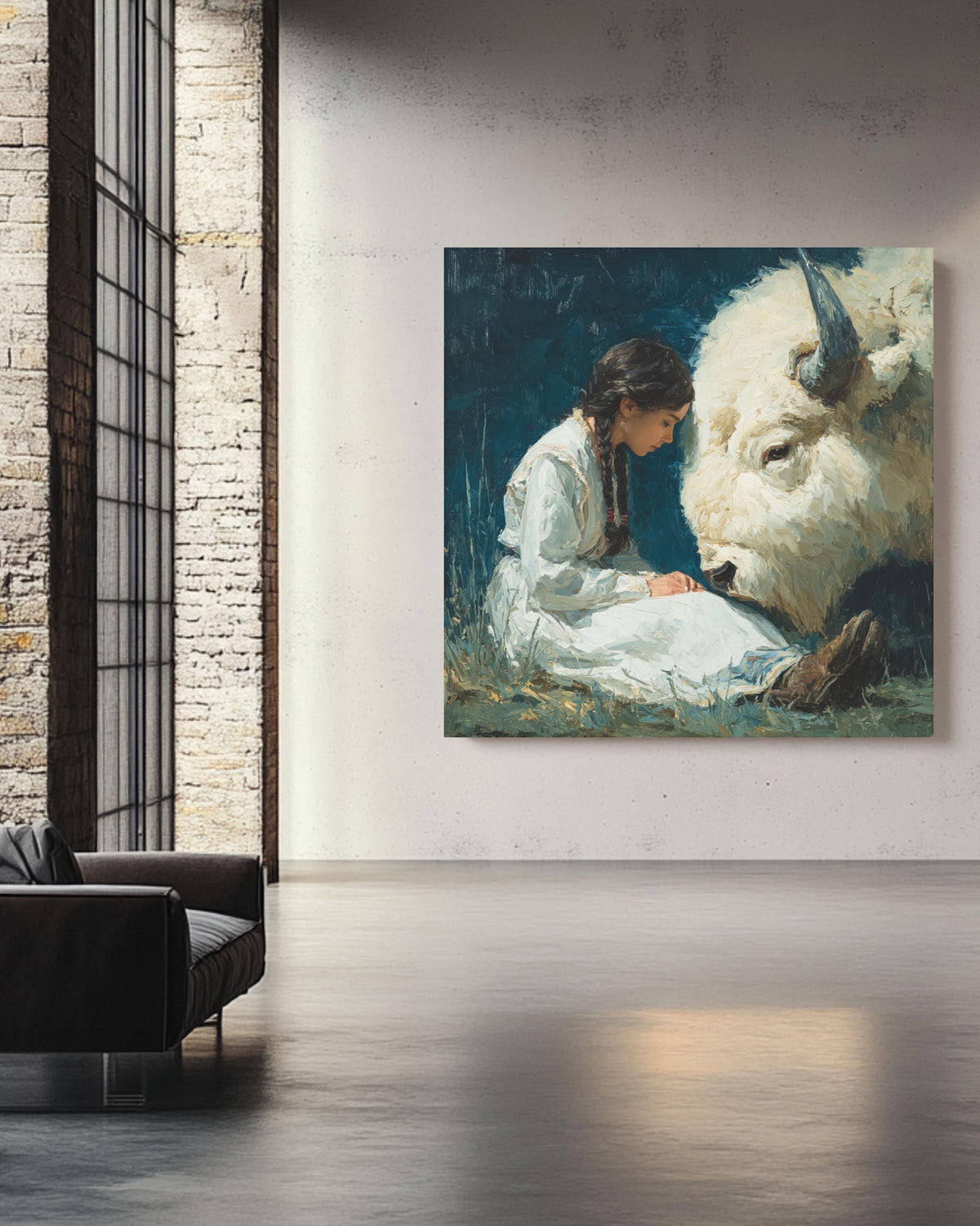 Native American Woman White Buffalo Canvas Art, Spiritual Wall Decor