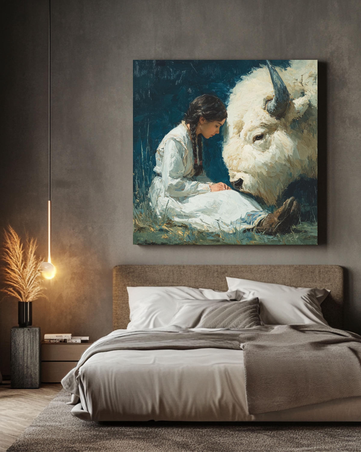 Native American Woman White Buffalo Canvas Art, Spiritual Wall Decor