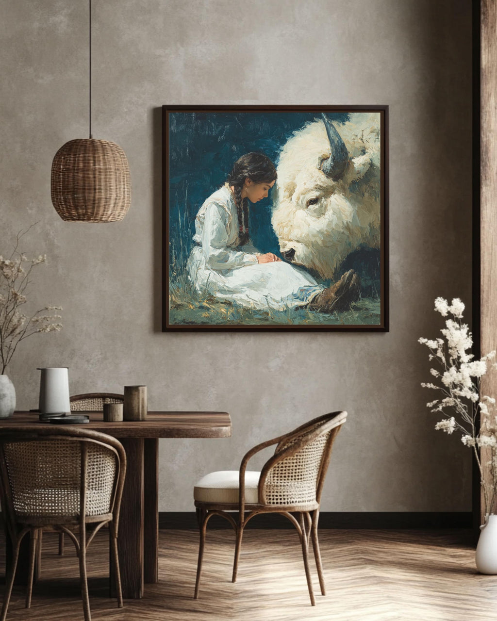 Native American Woman White Buffalo Canvas Art, Spiritual Wall Decor