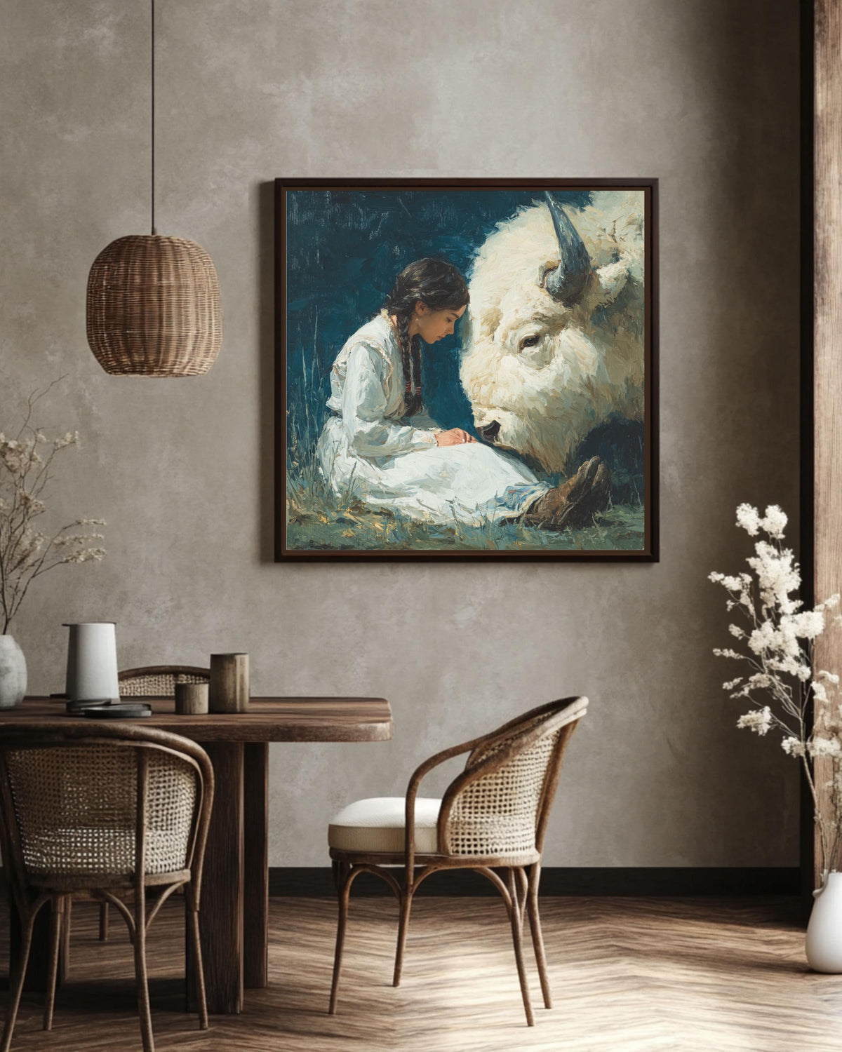 Native American Woman White Buffalo Canvas Art, Spiritual Wall Decor