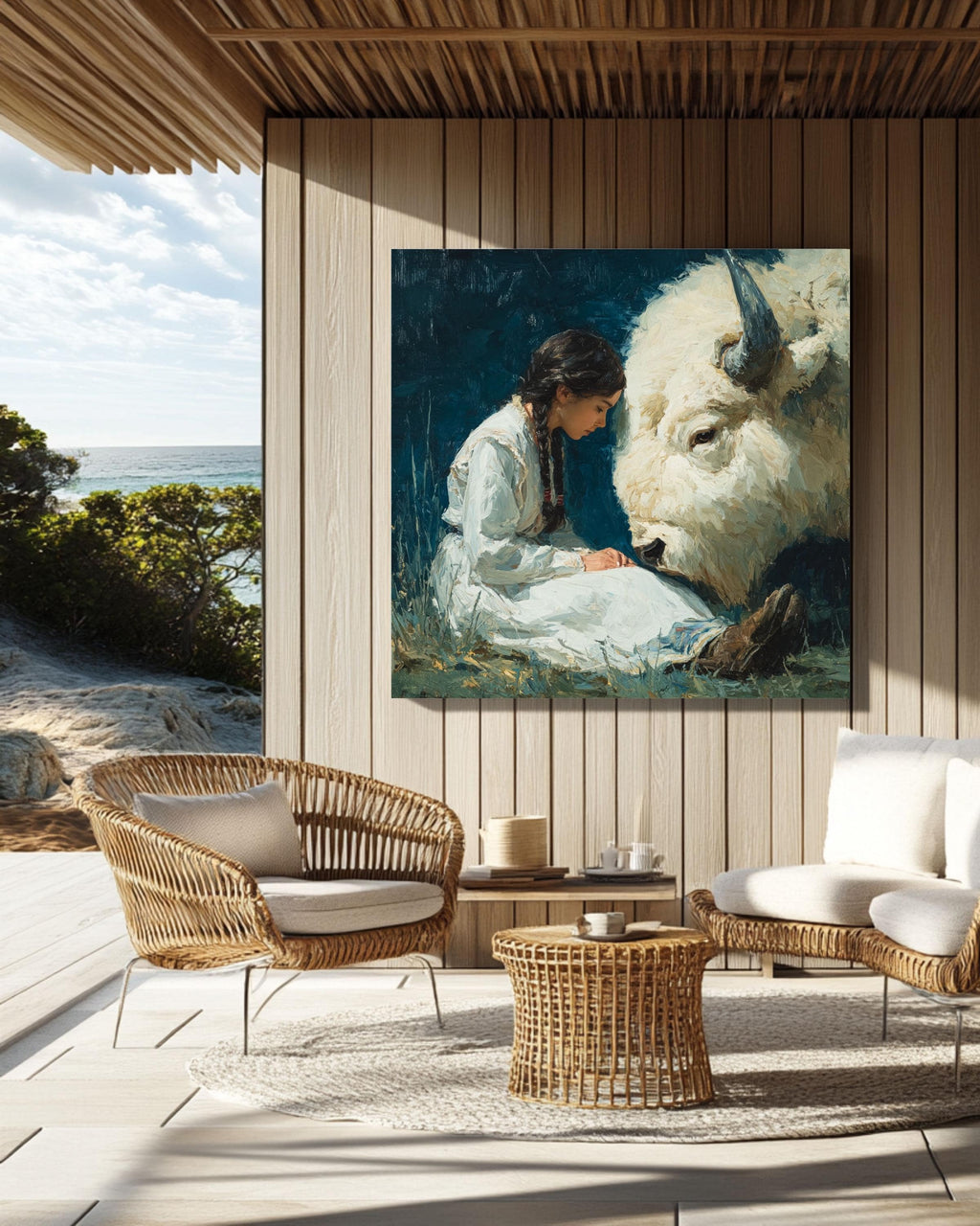 Native American Woman White Buffalo Canvas Art, Spiritual Wall Decor
