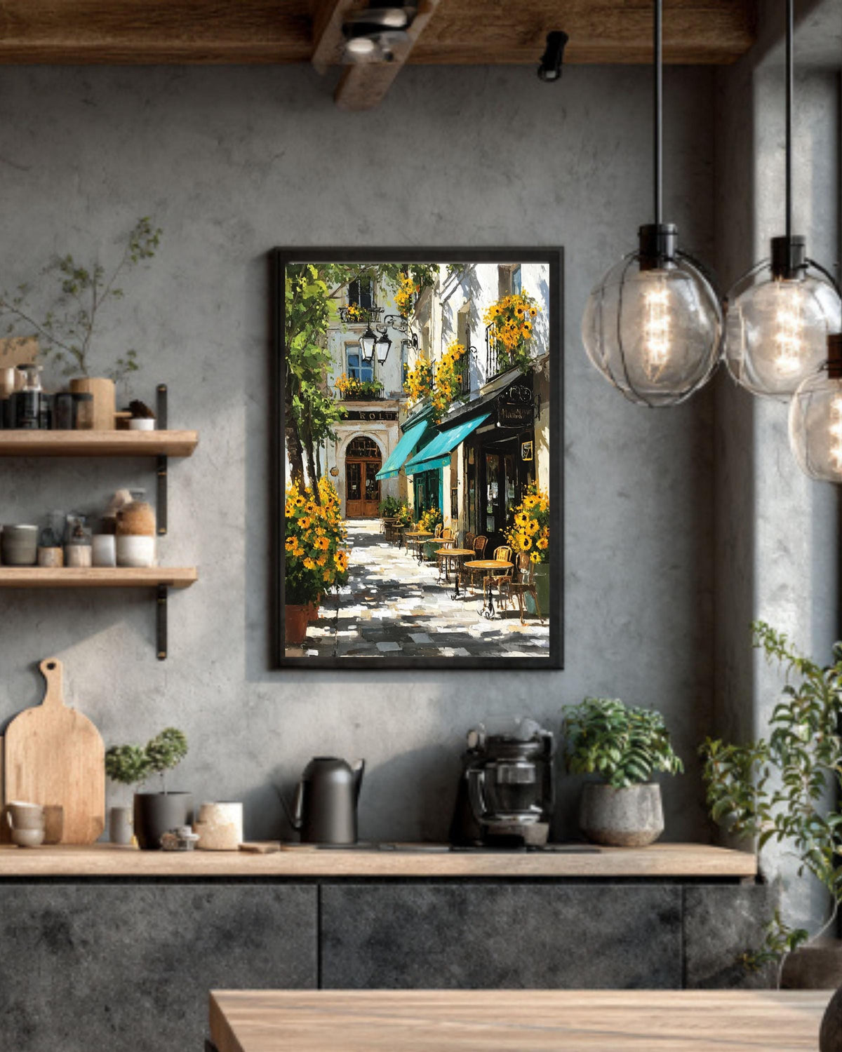 Paris Cafe Sunflower Oil Painting: Impressionist European Canvas Wall Art