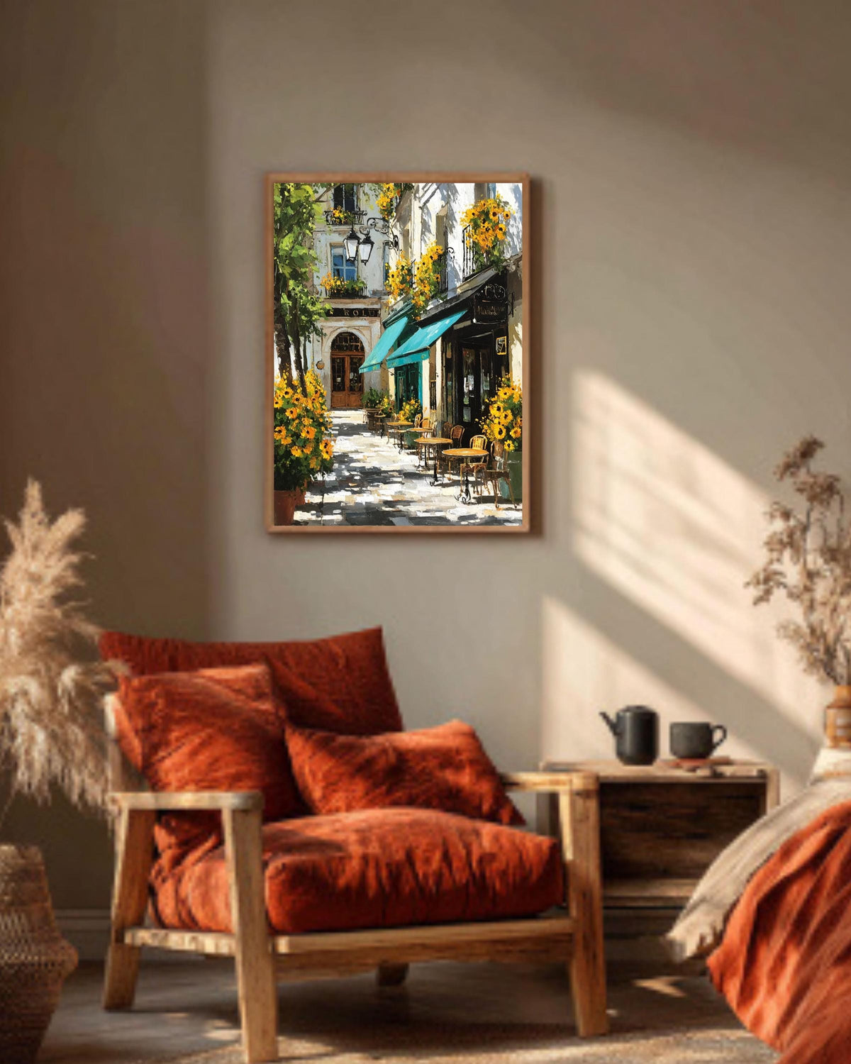 Paris Cafe Sunflower Oil Painting: Impressionist European Canvas Wall Art