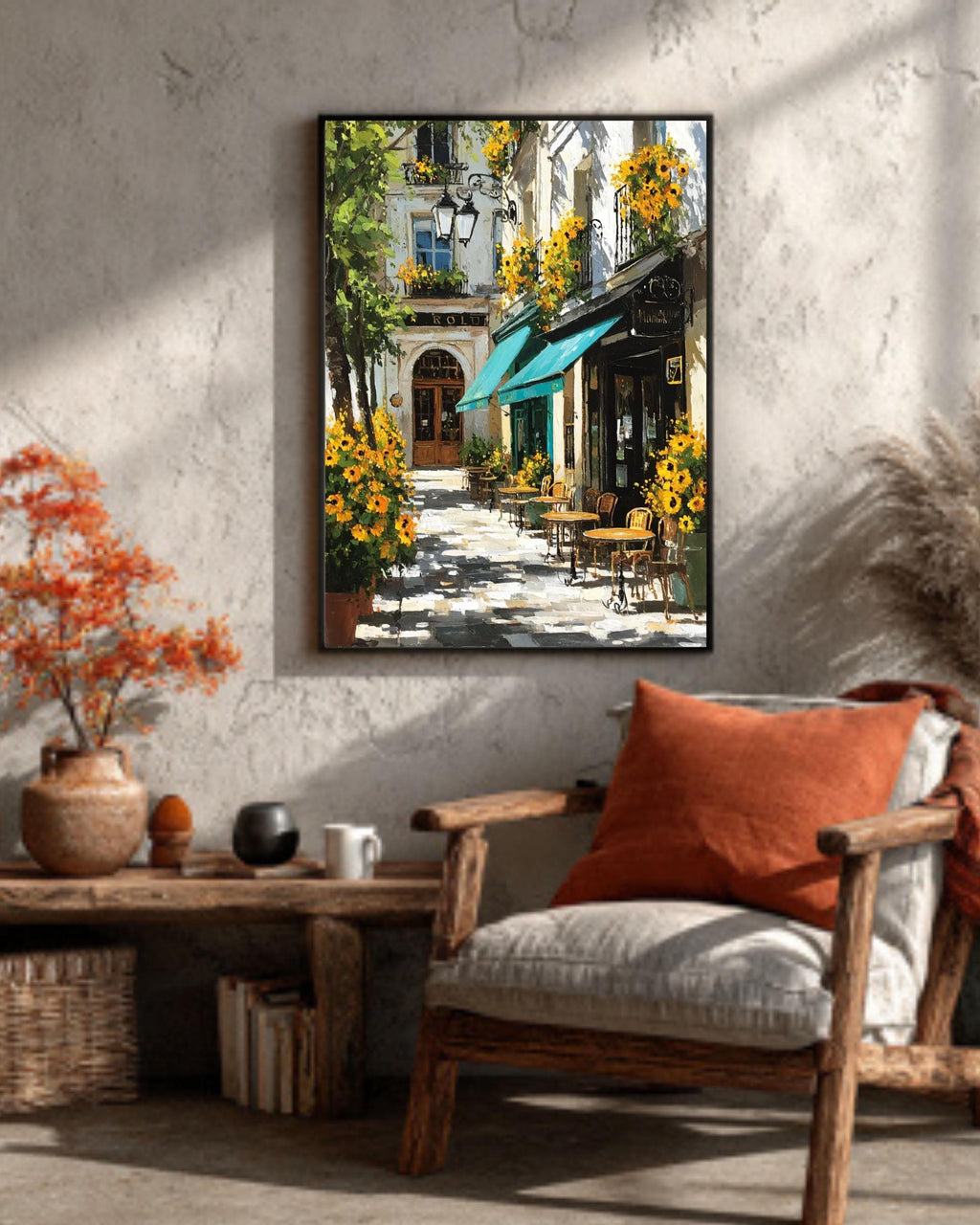Paris Cafe Sunflower Oil Painting: Impressionist European Canvas Wall Art