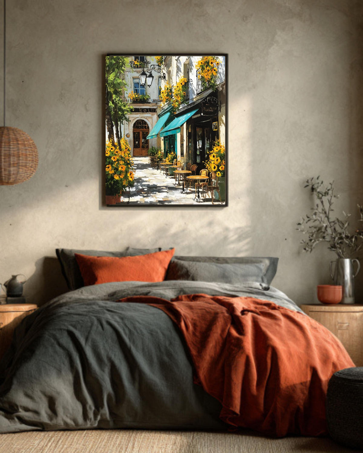 Paris Cafe Sunflower Oil Painting: Impressionist European Canvas Wall Art