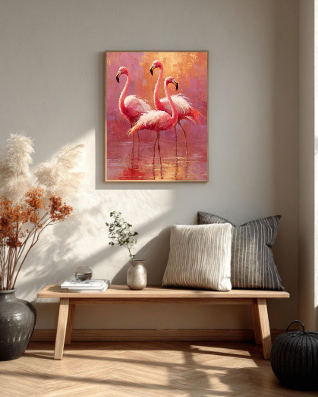 Pink Flamingo Oil Painting Print: Tropical Coastal Wall Decor