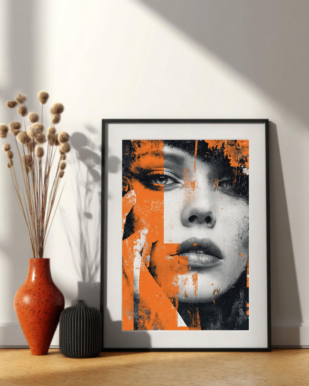 Abstract Female Portrait Print: Orange & Black Grunge Street Art