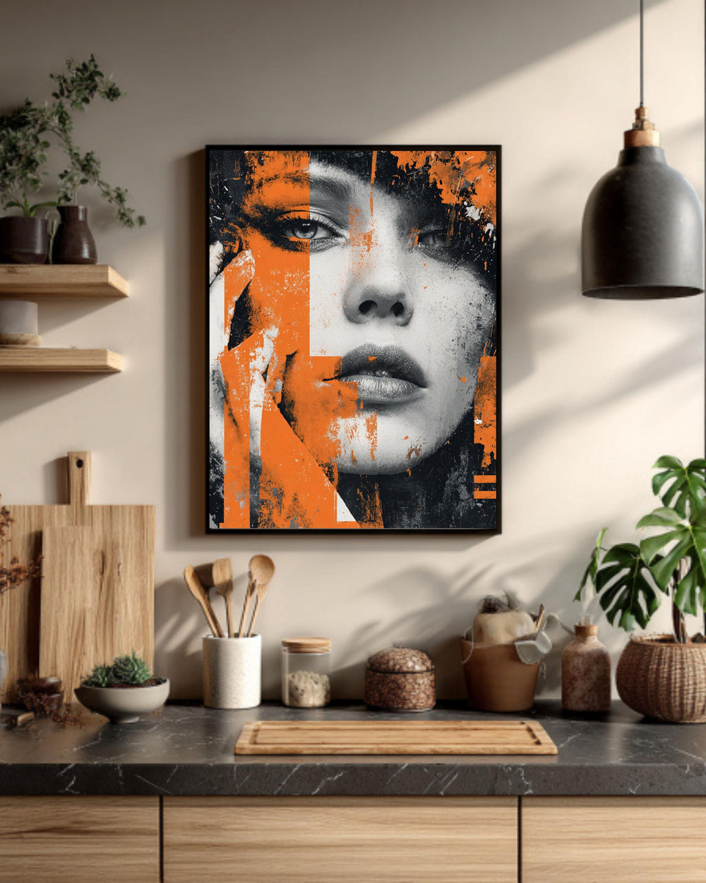 Abstract Female Portrait Print: Orange & Black Grunge Street Art