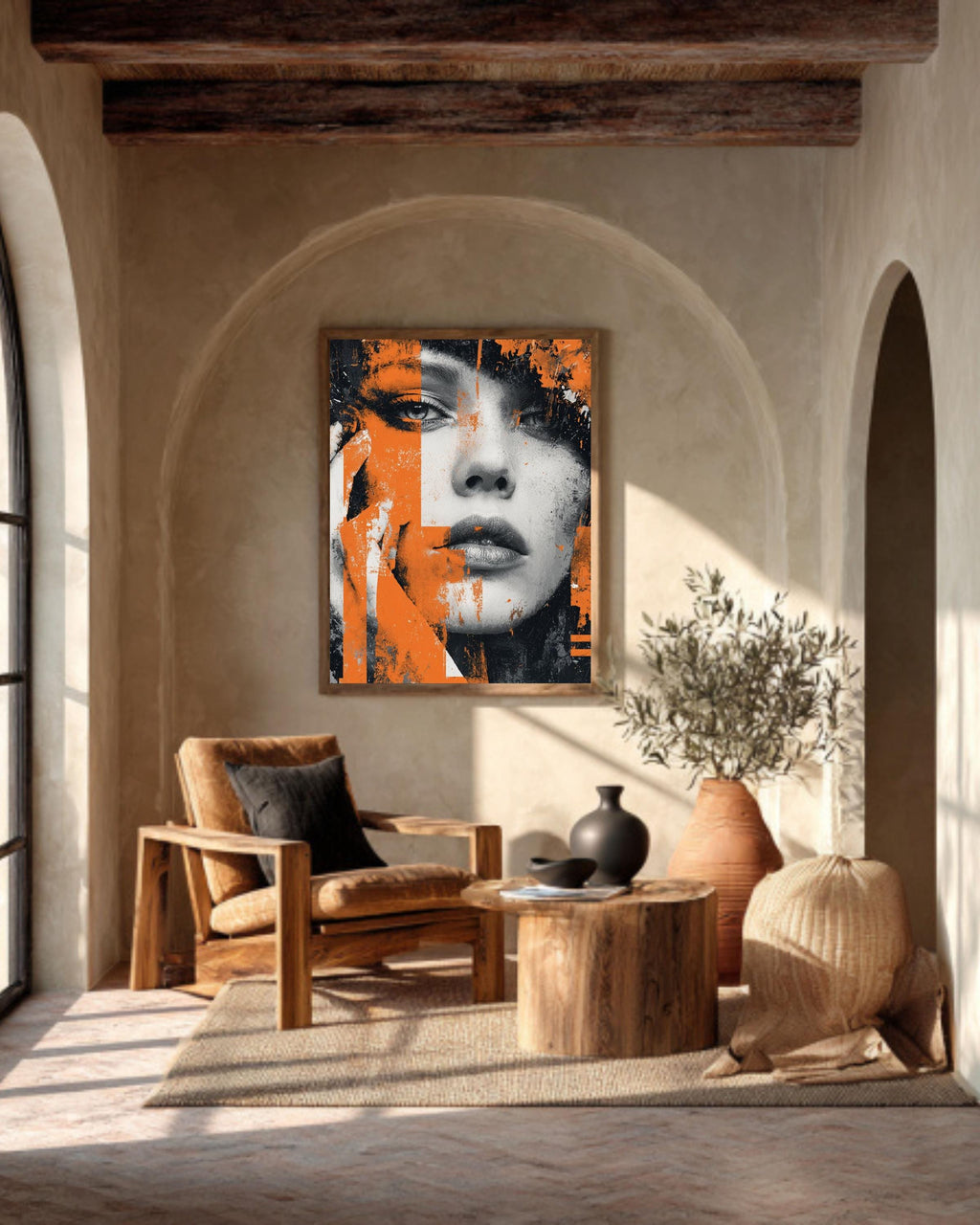 Abstract Female Portrait Print: Orange & Black Grunge Street Art