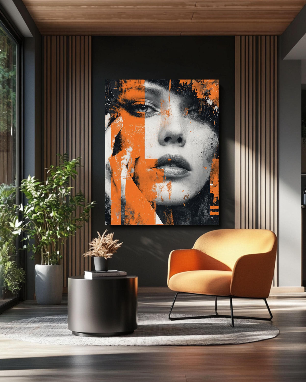 Abstract Female Portrait Print: Orange & Black Grunge Street Art