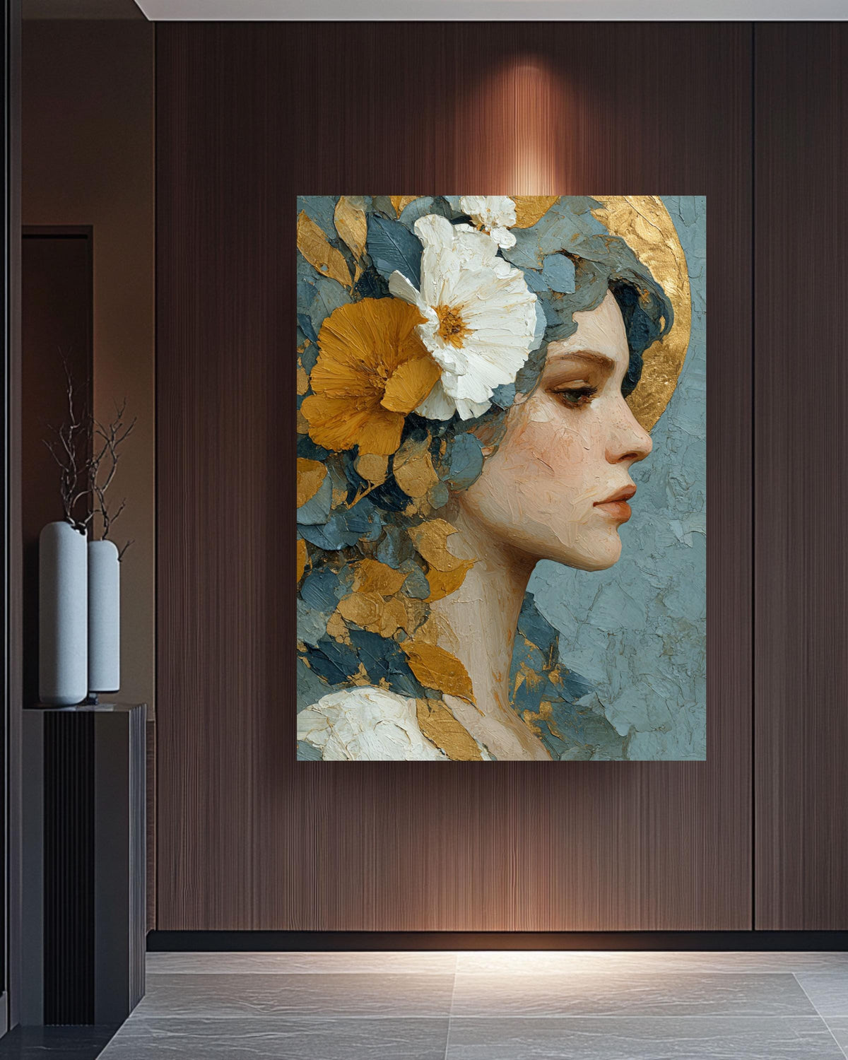 Floral Goddess Canvas Art: Gold Leaf, Neo-Classical Woman Portrait