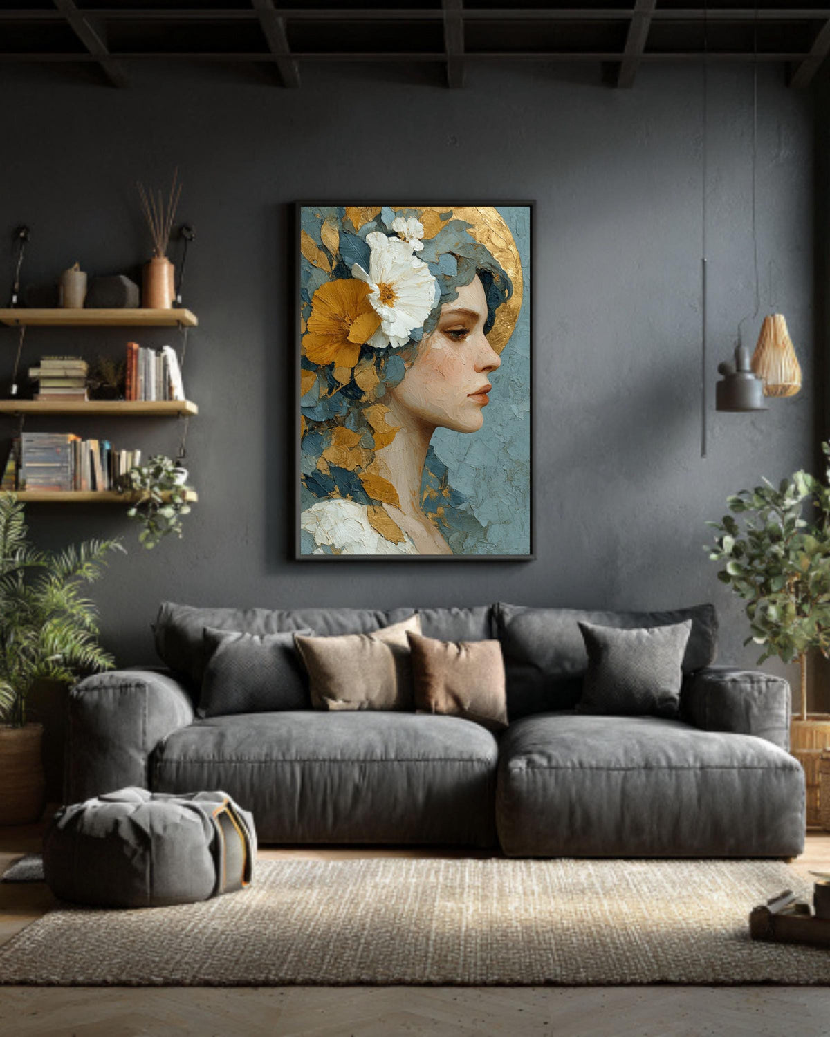 Floral Goddess Canvas Art: Gold Leaf, Neo-Classical Woman Portrait