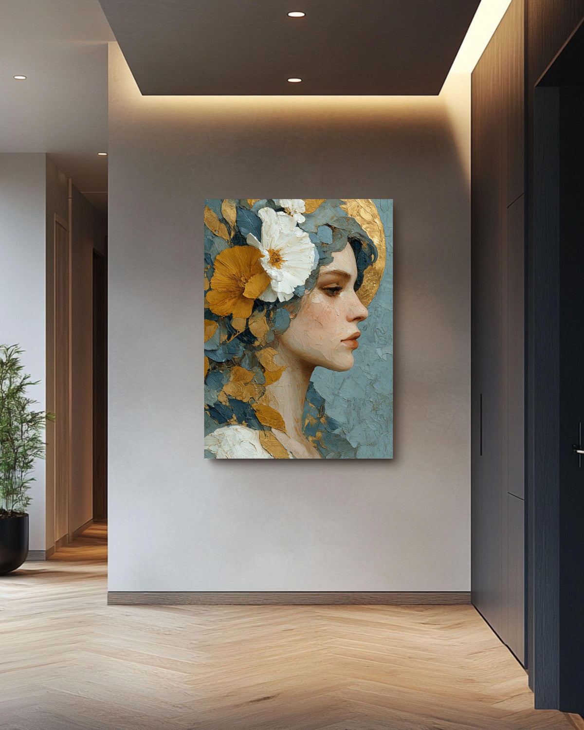 Floral Goddess Canvas Art: Gold Leaf, Neo-Classical Woman Portrait
